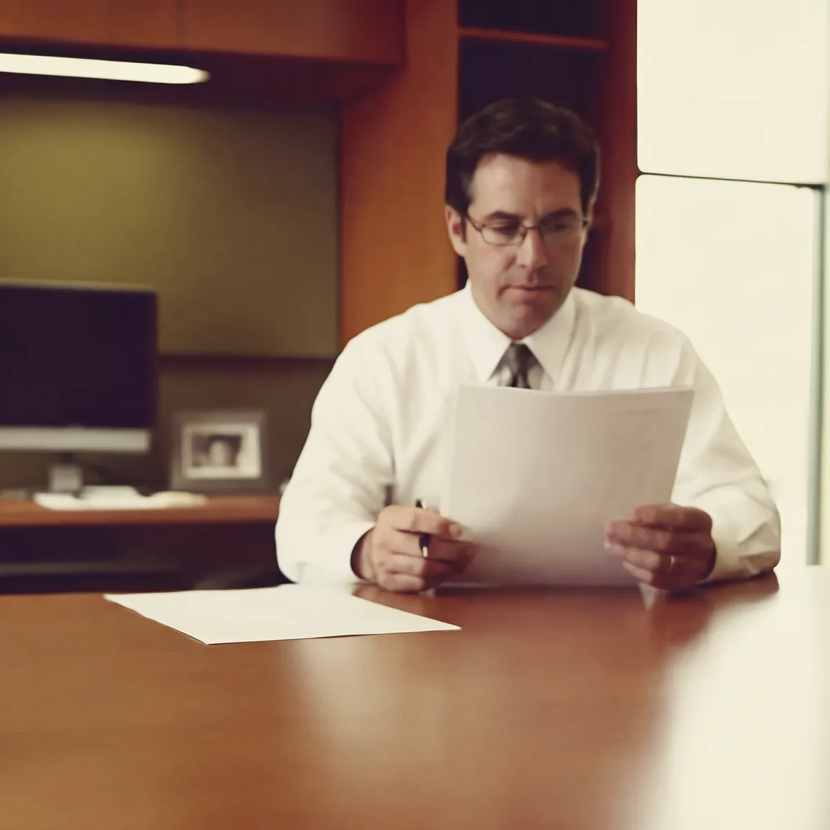 man in shirt and tie sitting at a desk, reading a document.